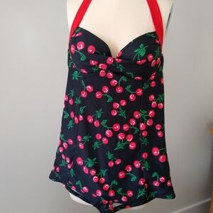 Retro 50's Stylish Cherry Print Halter One Piece Romper Swimsuit Sz14 Rockabilly